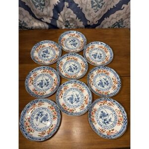 9 Rare Vintage Japanese Arita Ware Plates Amazing Blue, Orange And Green Detail.